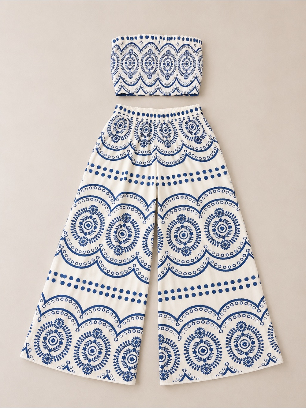 Commense White and Blue Printed Wide-Leg Jumpsuit Set